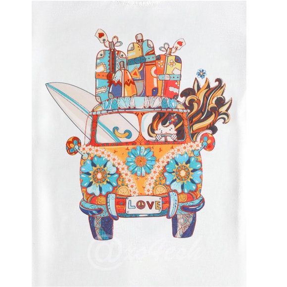 White Graphic Tee Shirt Short Sleeve Floral Hippie Surf Bus Print - Picture 3 of 6